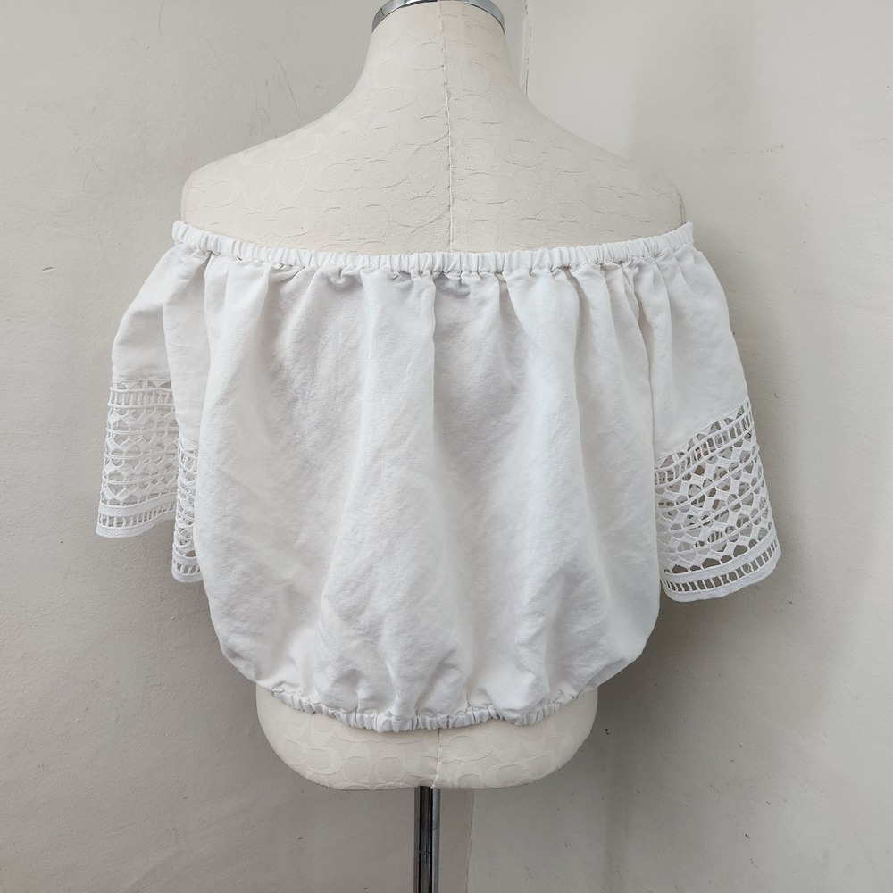 Ashley Stewart White Linen Blend Off Shoulder Crochet Lace Crop Top Womens 16W - Picture 2 of 6
